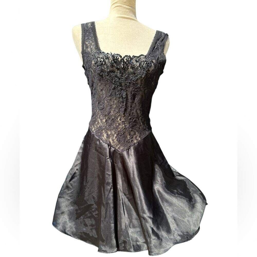 Vtg Sheer Lace BeadedTop Satin Mini Slip Dress S Whimsigoth Dark Romantic Pinup